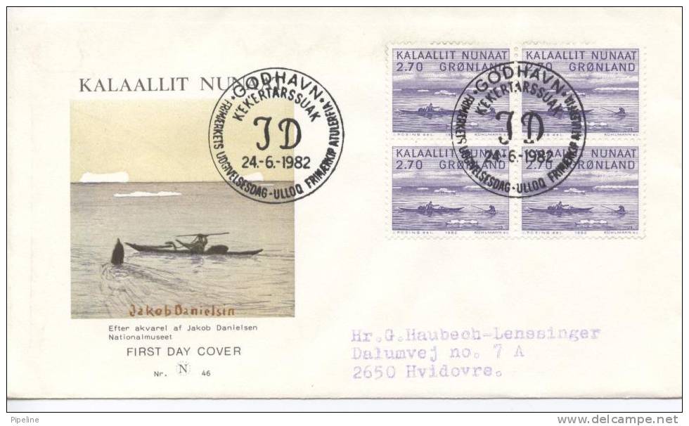 Greenland FDC In Block Of 4 24.6.1982 Jakob Danielsen With Cachet Sent To Denmark - Autres & Non Classés