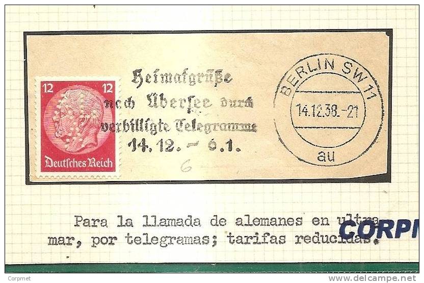 GERMANY - VF TELEGRAM For DEUTCH People EMA Printer Machine 1938 Mar. Hindenburg On Piece - Macchine Per Obliterare (EMA)