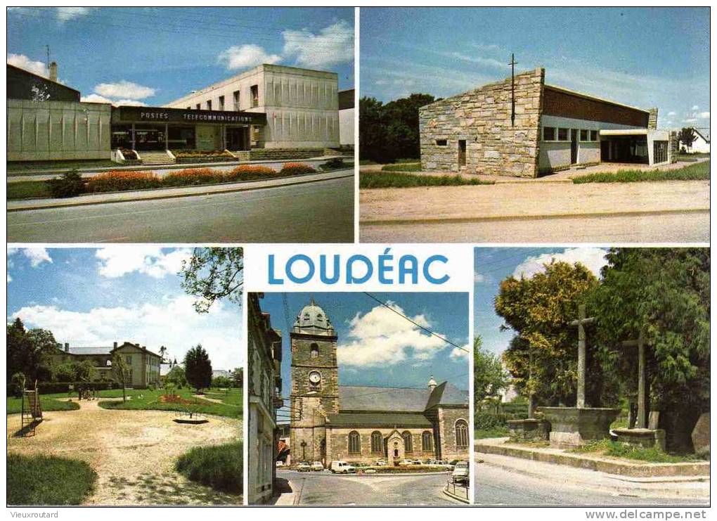 CPSM - LOUDEAC. 5 VUES. POSTE. EGLISE St YVES. JARDIN PUBLIC. LES 3 CROIX DATEE 1999 - Loudéac