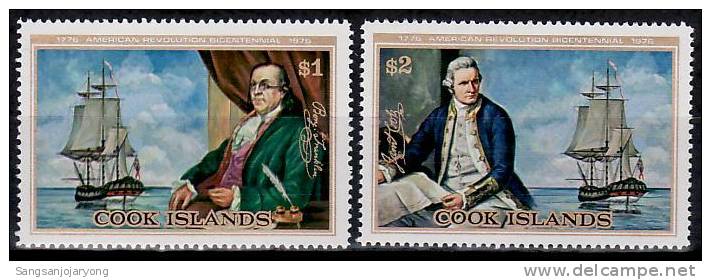 US Bicentenaire, Cook Is. Sc445-6 US Bicentennial, Franklin & Capt. Cook, Ship - Onafhankelijkheid USA