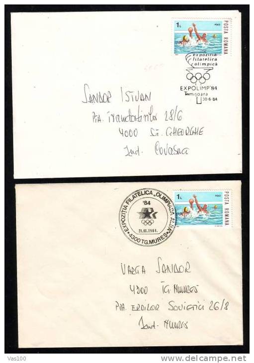 Olympic Games Obliteration ,stamp - WATER-POLO - Romania,2 Covers 1984. - Water Polo