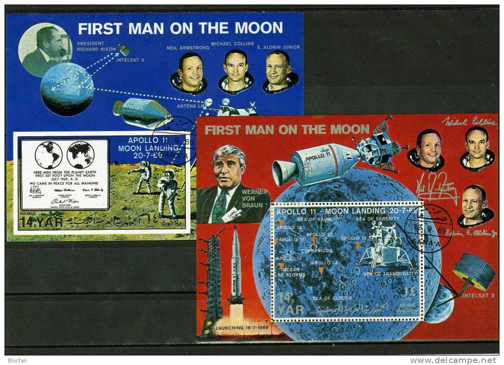 Apollo 11 Landung Auf Dem Mond 1969 Yemen 994/5,Bl.109/0 O 35€ NASA Raumfahrt Rakete Hoja Bloque Bloc Ss Sheets Bf Space - Asie