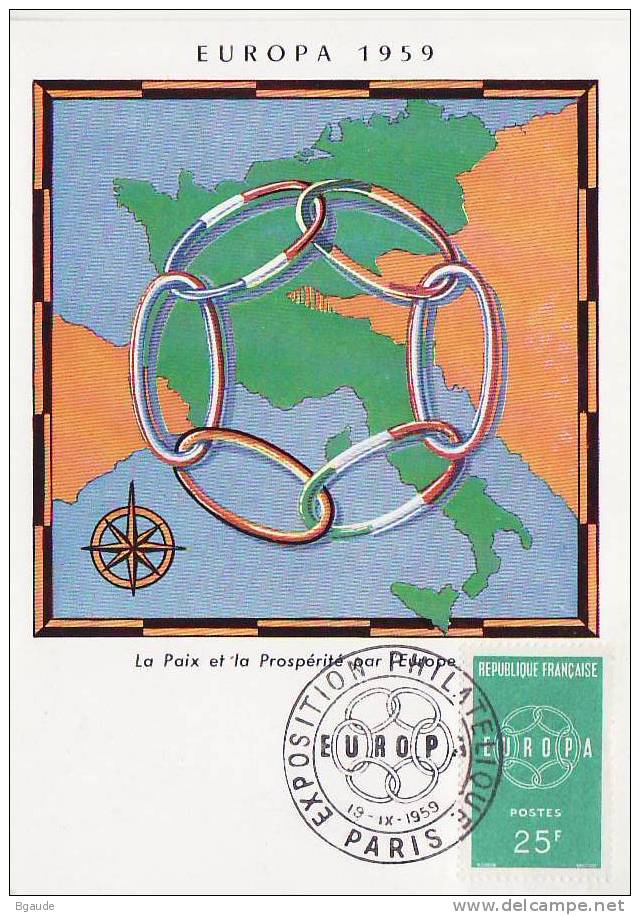 FRANCE CARTE MAXIMUM  EUROPA CEPT 1959 NUM YVERT 1218 - 1959