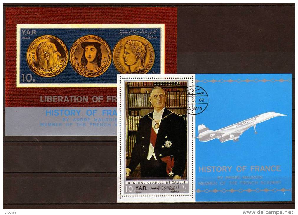 Historie Frankreichs De Gaulle, D´Arc, Napoleon Yemen 1038/9 Block 115/6 O 18€ - De Gaulle (Generaal)
