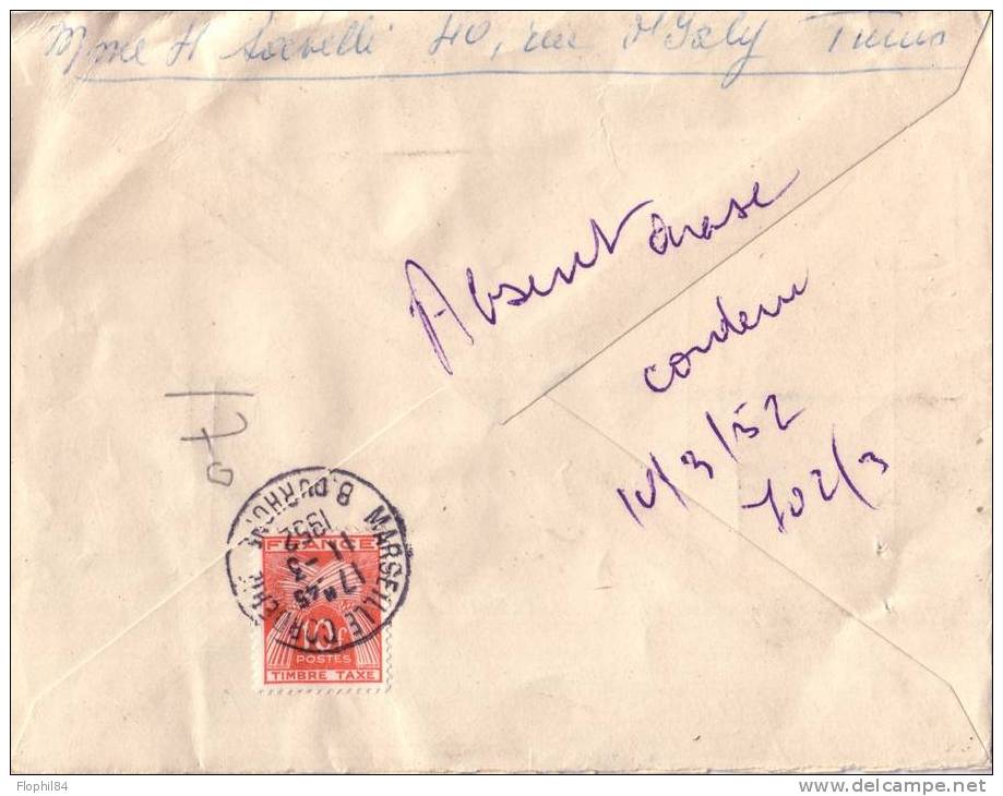 TUNISIE-POSTE AERIENNE TUNIS-MARSEILLE VIA AJACCIO DU 9-3-1952 +TAXE RECTO ET VERSO - 1859-1959 Cartas & Documentos