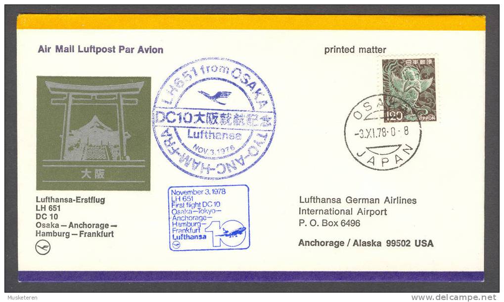 Japan-USA-Germany Lufthansa Erstflug Brief 1st Flight Cover 1978 LH 651 DC 10 Osaka-Anchorage-Hamburg-Frankfurt (I) - Airmail