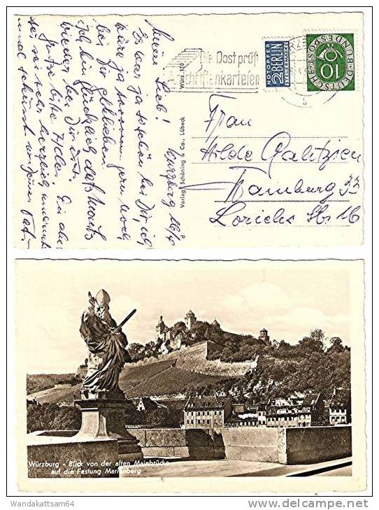 AK Würzburg – Blick Von Der Alten Marienbrücke Auf Die Festung Marienberg 16. 4. 51 (17b) WÜRZBURG 2  B Nach Hamburg 33 - Wuerzburg