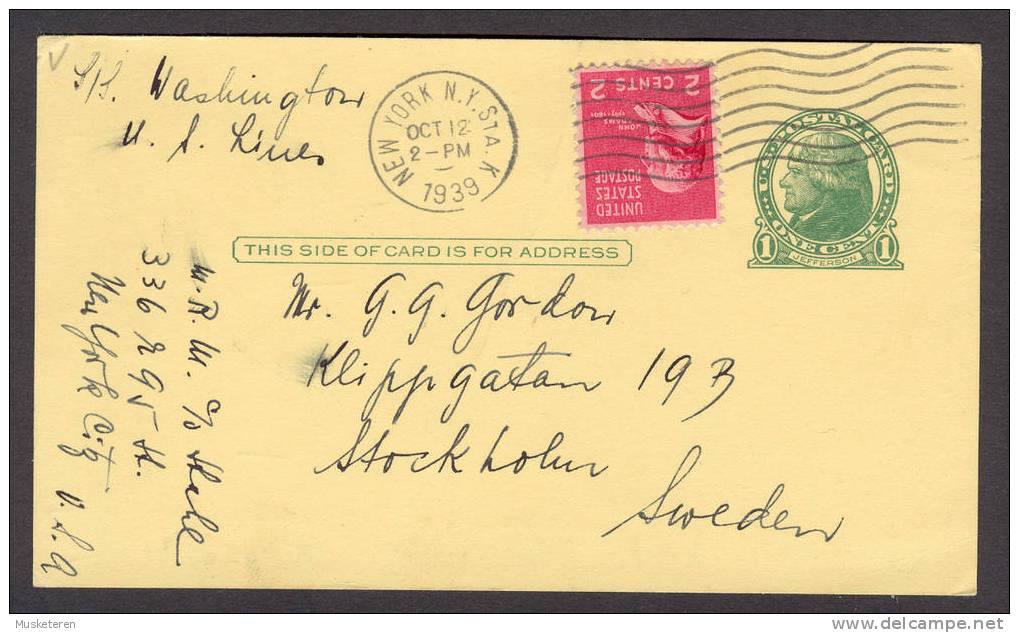 United States Postal Stationery Ganzsache Ship Mail Schiffspost S/S Washington U.S. Liner New York 1939 Stockholm Sweden - 1921-40