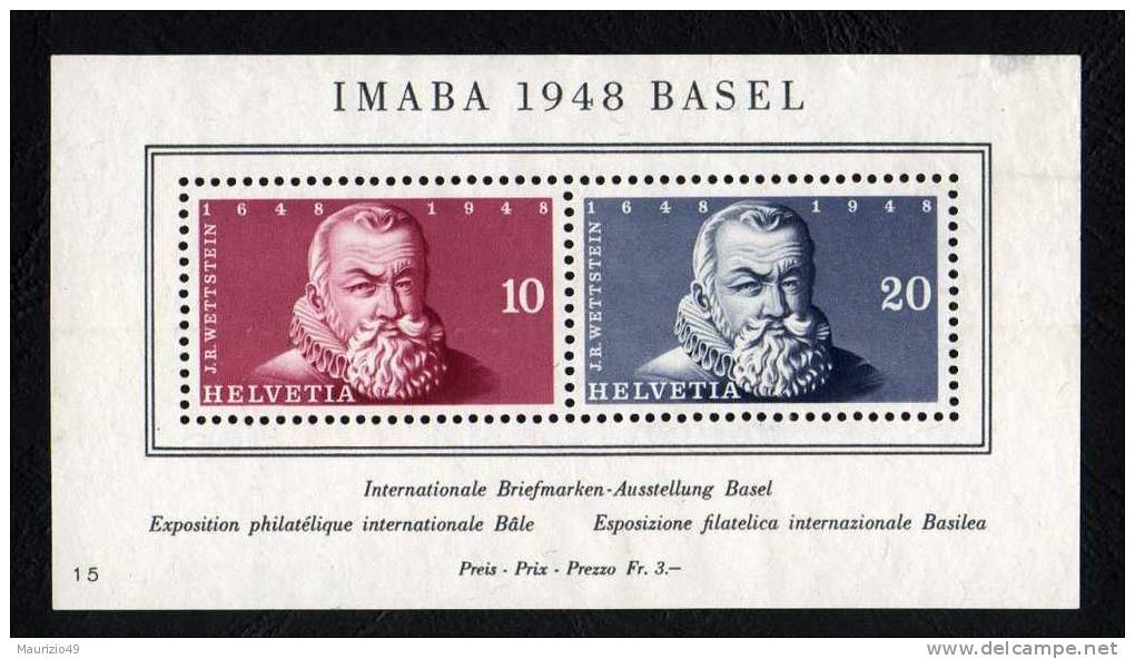 SVIZZERA - SWITZERLAND 1948 IMABA BASEL Foglietto Helvetia Alto Valore Di Catalogo NUOVO SENZA GOMMA - Nuevos