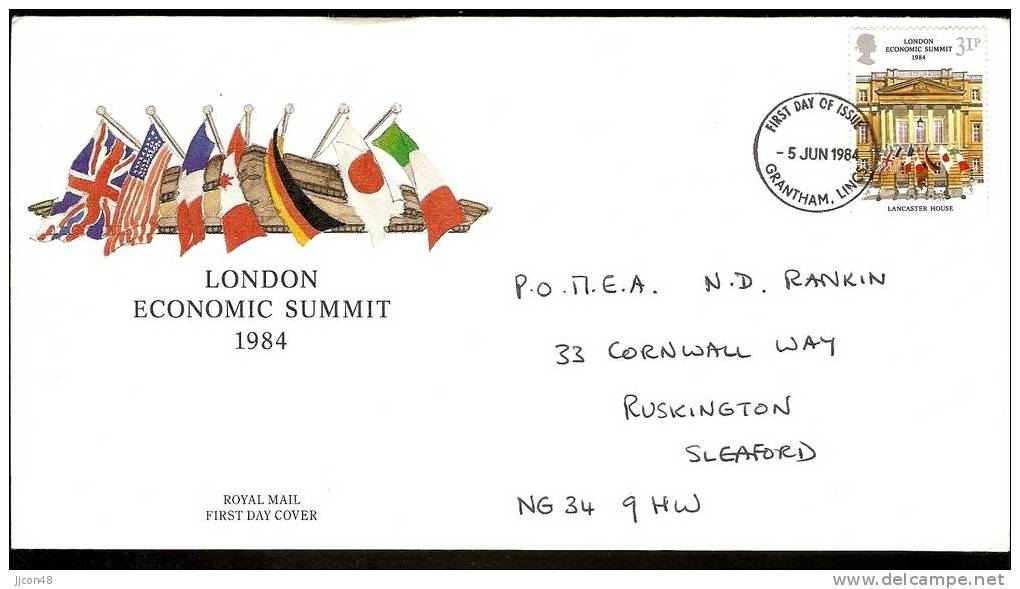 Great Britain 1984  London Economic Summit. FDC  Grantham,Lincs. Postmark - 1981-1990 Decimal Issues