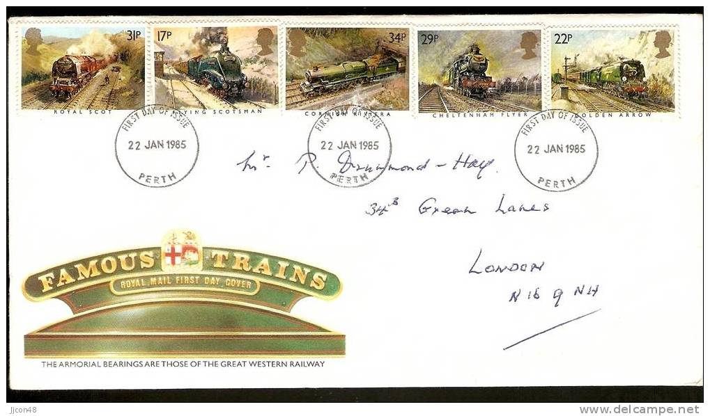 Great Britain 1985  Famous Trains. FDC  Perth. Postmark - 1981-1990 Em. Décimales