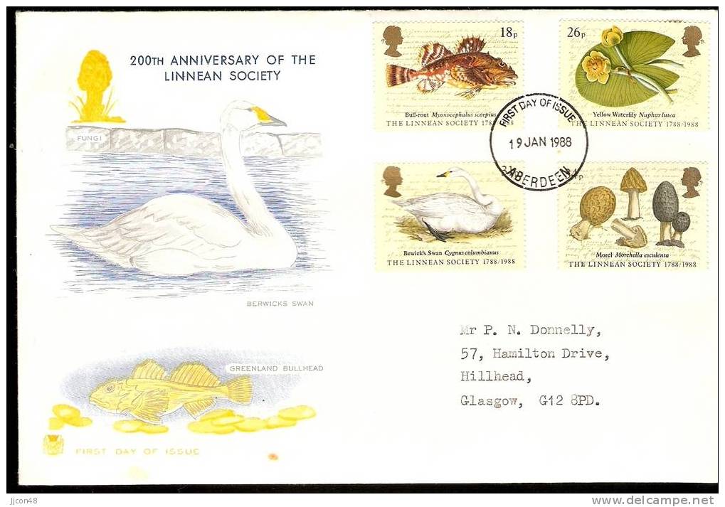 Great Britain 1988 Bicent.of Linnean Society. FDC  Aberdeen. Postmark - 1981-1990 Em. Décimales