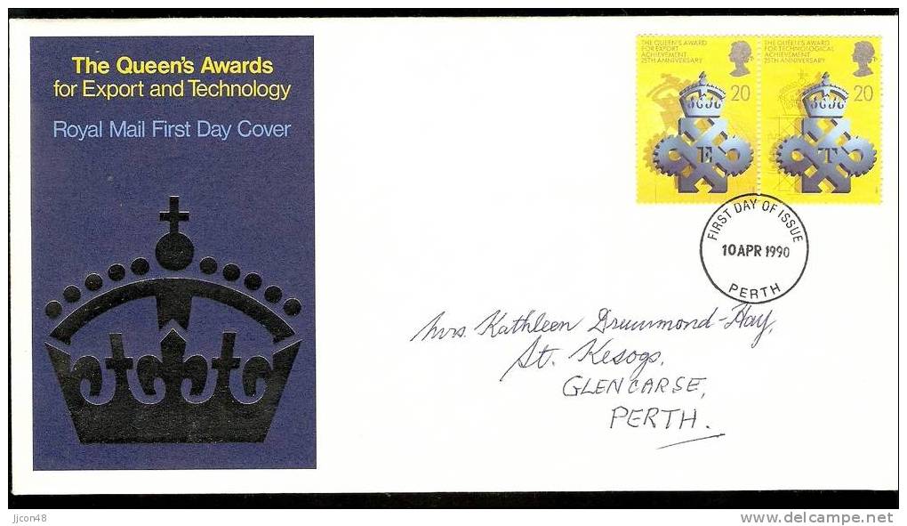 Great Britain 1990 25th Ann.of Queens Awards. FDC  Perth. Postmark - 1981-1990 Decimal Issues