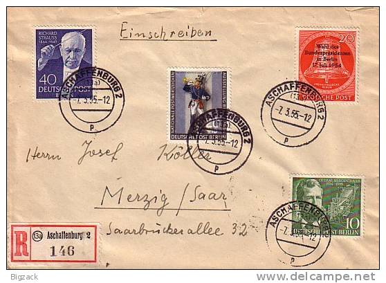 Berlin R-Brief Mif Minr.117,118,120,124 Aschaffenburg 7.3.55 - Briefe U. Dokumente