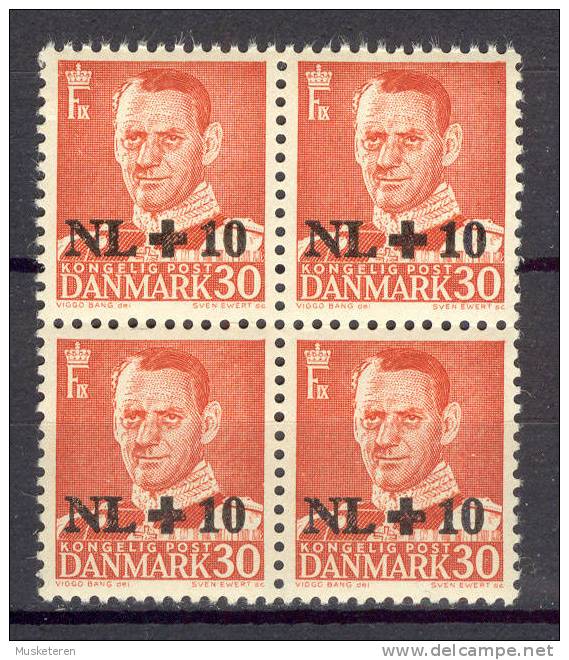 Denmark 1953 Mi. 339 Dutch Help Hochwasserhilfe Für Die Niederlände King Frederik Overprinted NL + 10, 4-Block MNH - Neufs