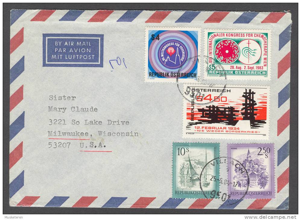 Austria Airmail Par Avion Luftpost Beauty Multiple Franked Villach 1984 Cover To USA Chemoterapie Psychiatrie - Autres & Non Classés