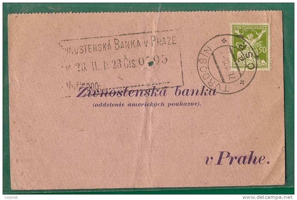 CZECHOSLOVAKIA - 1920 CARD From The ZIVNOSTENSKA BANKA From TVRDOSIN - Sonstige & Ohne Zuordnung