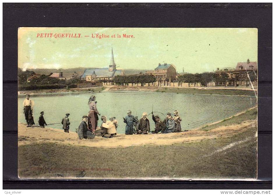 76 LE PETIT QUEVILLY Eglise, Mare, Animée, Colorisée, Ed Poussier, 191? *** ETAT *** - Le Petit-quevilly