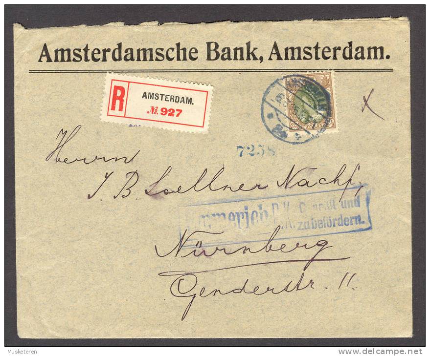 Netherlands Amsterdamsche Bank Amsterdam Cancel 1915 Registered Cover To Germany Zensur Censor Violet Geprüft - Covers & Documents