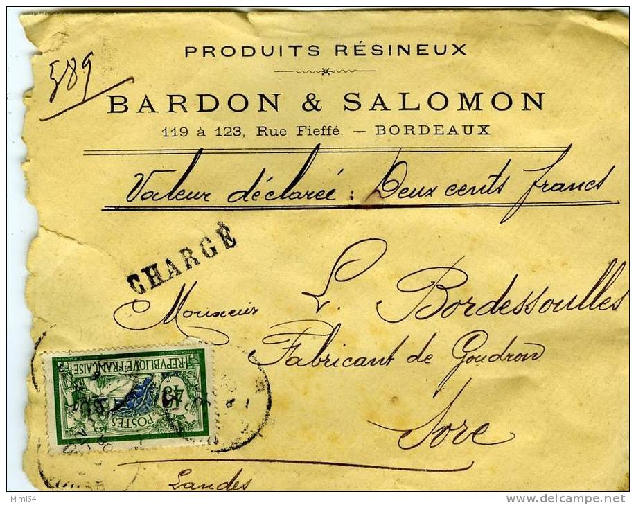 ENVELOPPE . PUBLICITE DES PRODUITS RESINEUX DE BARDON ET SALOMON. RUE FIEFFE BORDEAUX. TIMBRE TYPE MERSON 45c. CHARGE - 1900-27 Merson