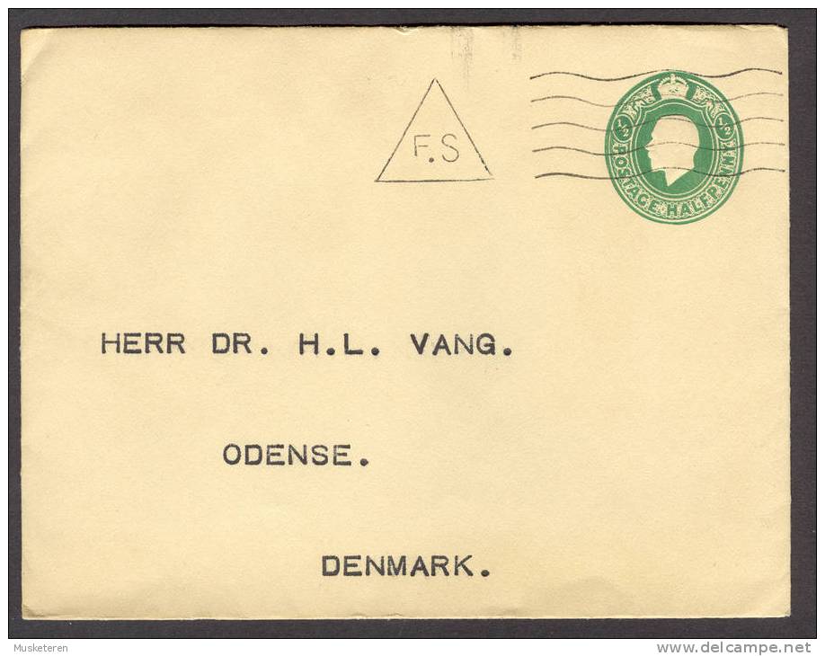 Great Britain Postal Stationery Envelope Cover ½ P. Green George V Cancel F.S. In Triangel To Denmark - Stamped Stationery, Airletters & Aerogrammes