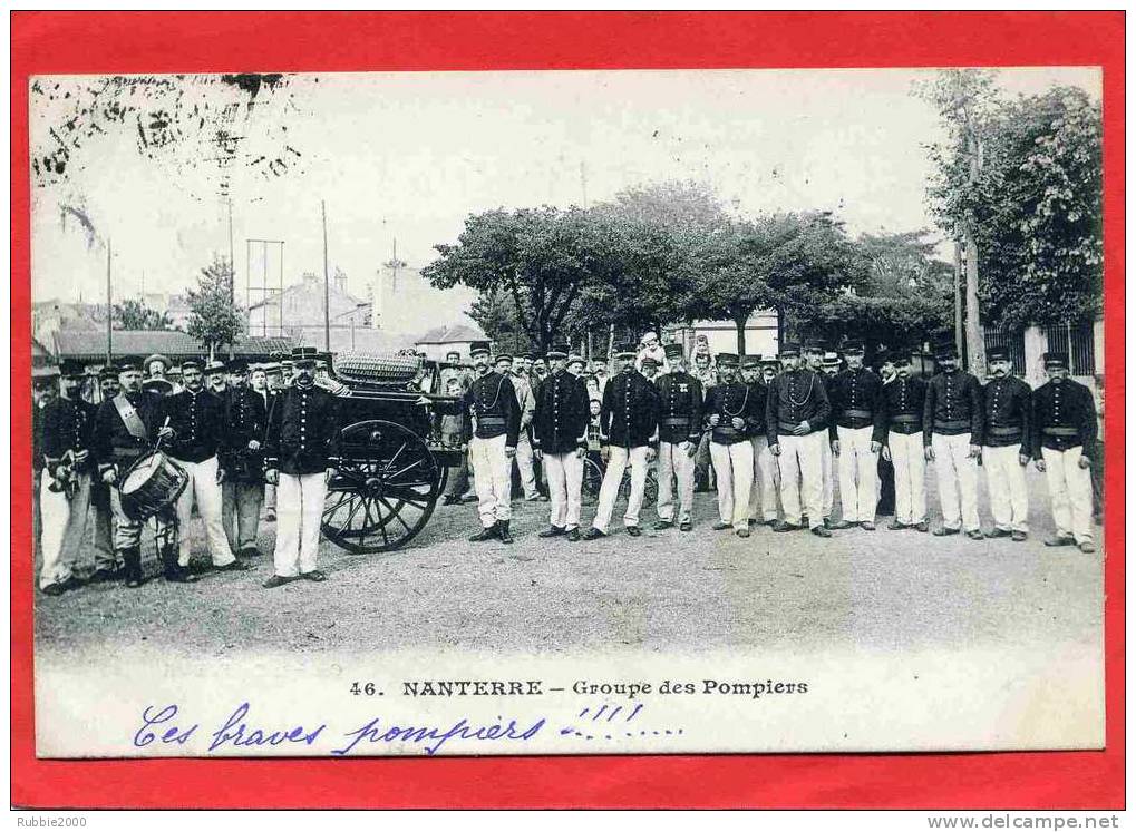 NANTERRE 1906 GROUPE DE POMPIERS TAMBOUR VEHICULE CARTE EN TRES BON ETAT - Nanterre