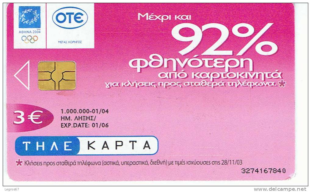 TELECARTE KAPTA 3 € 01/06 92 % - Grecia