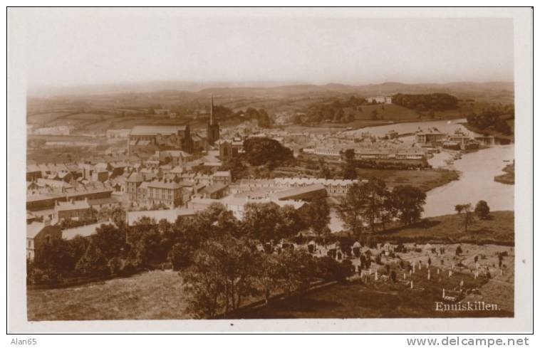 Enniskillen Panoramic View Town, Church Spire, Cemetery(?), Fermanagh County Real Photo Postcard - Fermanagh