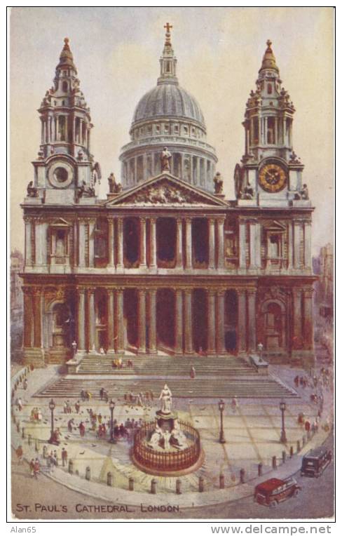 St. Paul's Cathedral London, Artist Brian Gerald Watercolor On Valentine & Sons Vintage1920s/30s Postcard - St. Paul's Cathedral