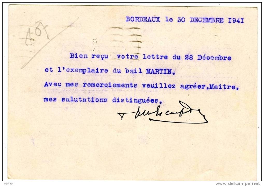 CARTE POSTALE ENTIER TYPE PETAIN 80 C  BRUN. CIRCULE LE 30 . 8 . 1941 , DE BORDEAUX  R.P. A SORE - 1941-42 Pétain