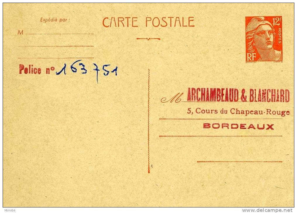 CARTE POSTALE . ENTIER  TYPE MARIANNE DE GANDON  . NON CIRCULE  . - 1945-54 Marianne De Gandon