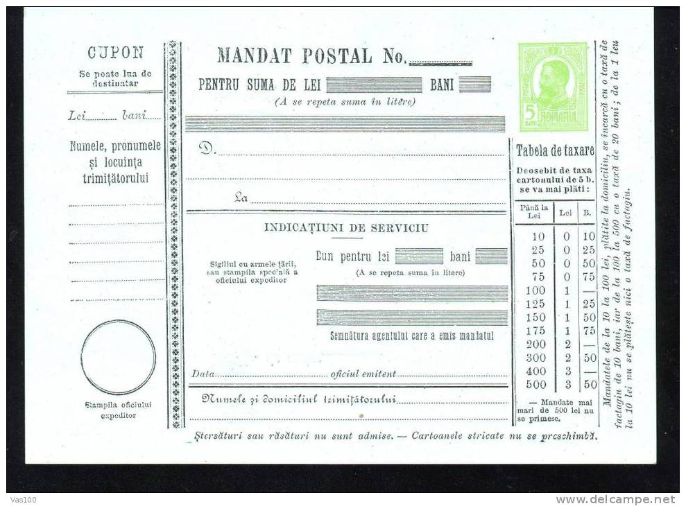 190? BULETIN D´EXPEDITION MANDATE POSTALE INTERNATIONALE,IMPRINTED POSTAGE 5 BANI,CAROL.(A1) - Paquetes Postales