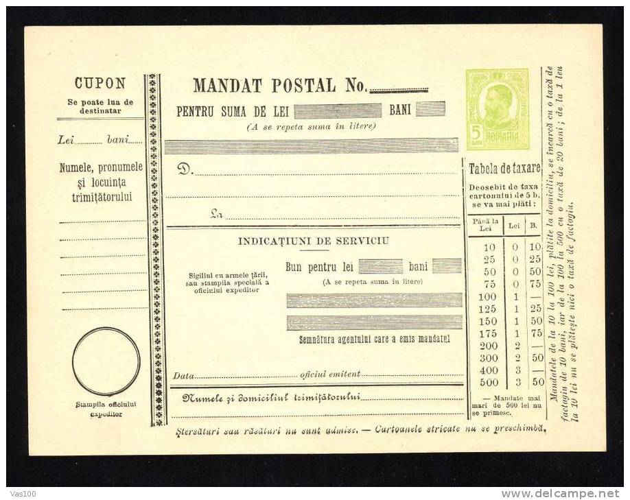 190? BULETIN D´EXPEDITION MANDATE POSTALE INTERNATIONALE,IMPRINTED POSTAGE 5 BANI,CAROL.(A2) - Postpaketten