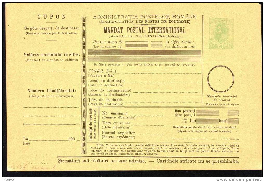 190? BULETIN D´EXPEDITION MANDATE POSTALE INTERNATIONALE,IMPRINTED POSTAGE 5 BANI,CAROL.(A3) - Pacchi Postali