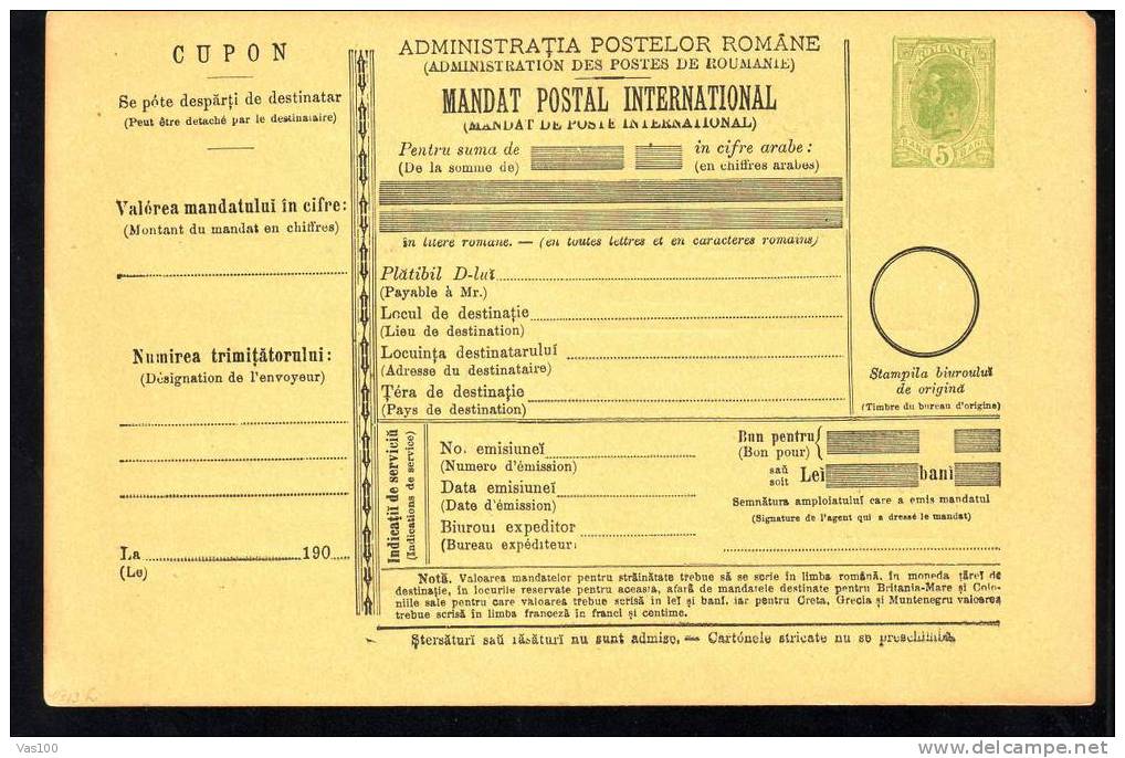 190? BULETIN D´EXPEDITION MANDATE POSTALE INTERNATIONALE,IMPRINTED POSTAGE 5 BANI,CAROL.(A4) - Parcel Post