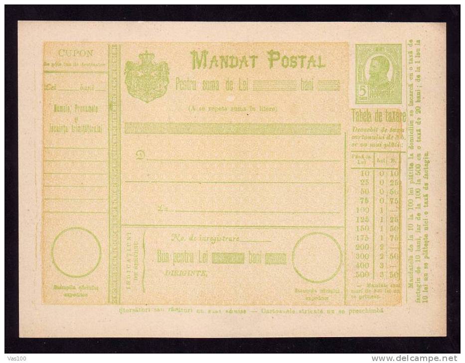 190? BULETIN D´EXPEDITION MANDATE POSTALE INTERNATIONALE,IMPRINTED POSTAGE 5 BANI,CAROL.(A7) - Parcel Post