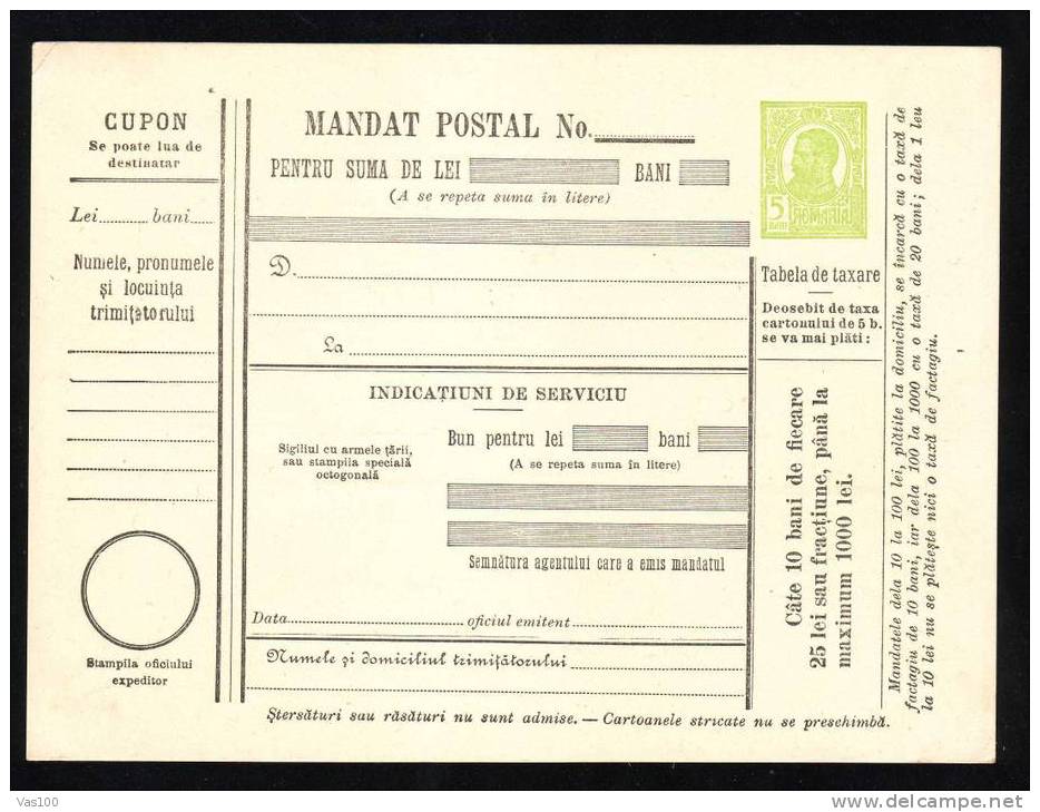 190? BULETIN D´EXPEDITION MANDATE POSTALE INTERNATIONALE,IMPRINTED POSTAGE 5 BANI,CAROL.(A8) - Paquetes Postales