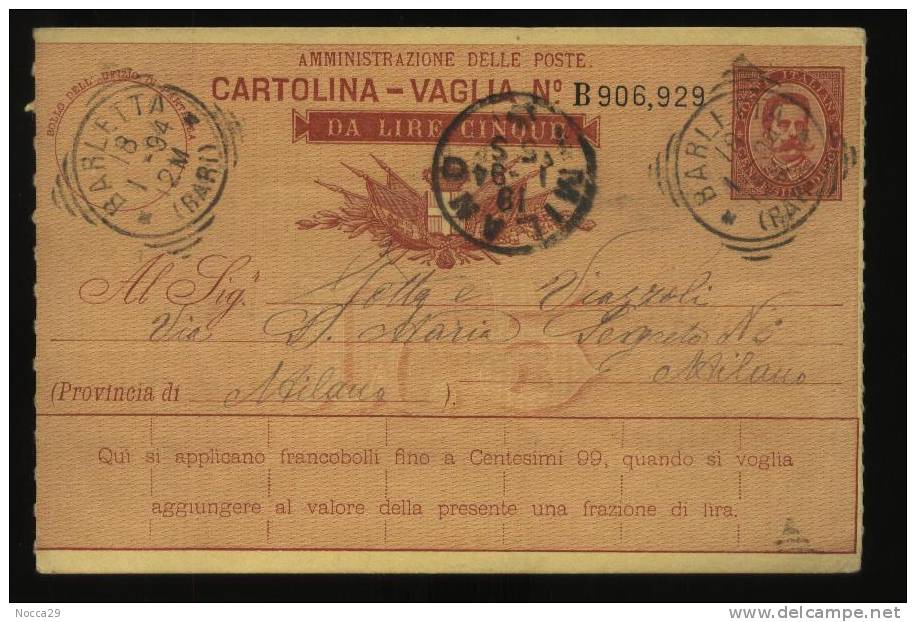 BARLETTA  1894   RARA CARTOLINA VAGLIA DA L.5   VIAGGIATA PER MILANO - Entiers Postaux