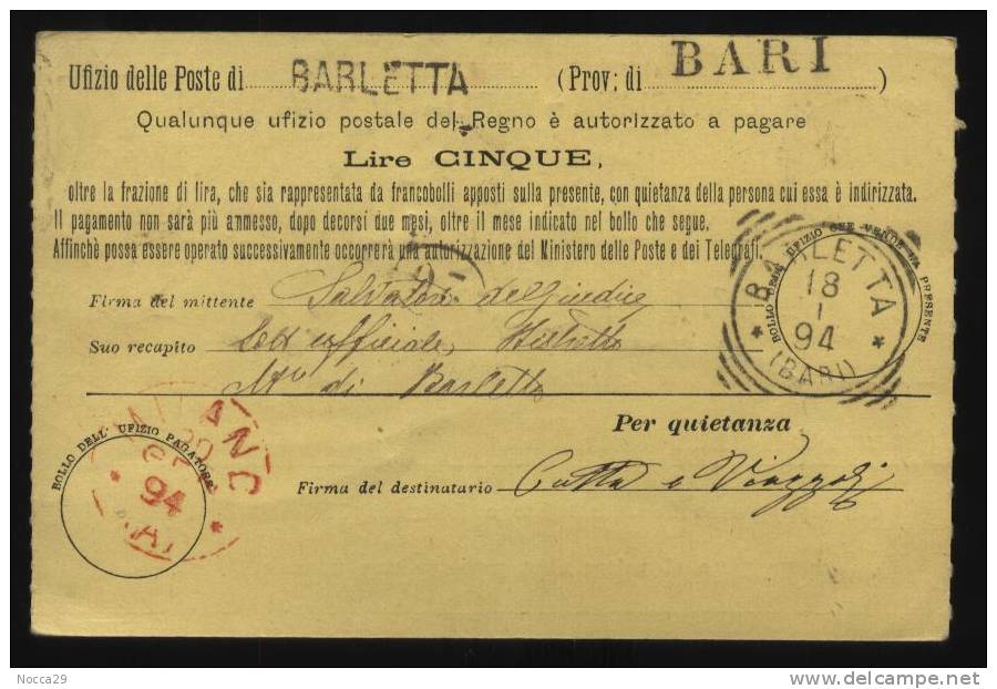BARLETTA  1894   RARA CARTOLINA VAGLIA DA L.5   VIAGGIATA PER MILANO - Entiers Postaux