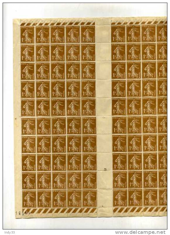 - FEUILLE DE 100 TIMBRES . 1c SEMEUSE BISTRE FOND PLEIN . N°277A Y&T  . DATEE 23.2..38 - Feuilles Complètes