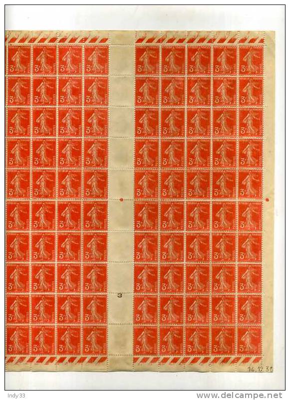 - FEUILLE DE 100 TIMBRES . 3c SEMEUSE ORANGE FOND PLEIN . N°278A Y&T . DATEE 14.12.36 - Feuilles Complètes