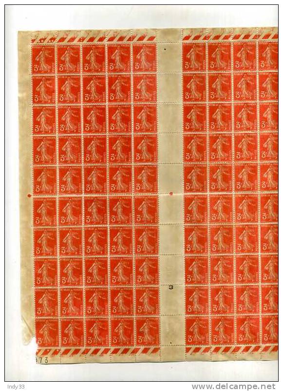 - FEUILLE DE 100 TIMBRES . 3c SEMEUSE ORANGE FOND PLEIN .N°278A Y&T . DATEE 24.12.36 - Volledige Vellen