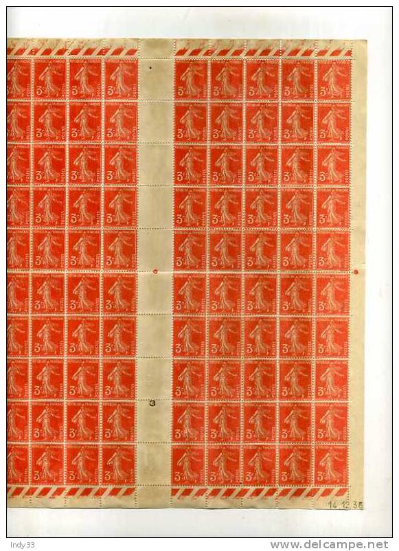 - FEUILLE DE 100 TIMBRES . 3c SEMEUSE ORANGE FOND PLEIN .N°278A Y&T . DATEE 24.12.36 - Feuilles Complètes