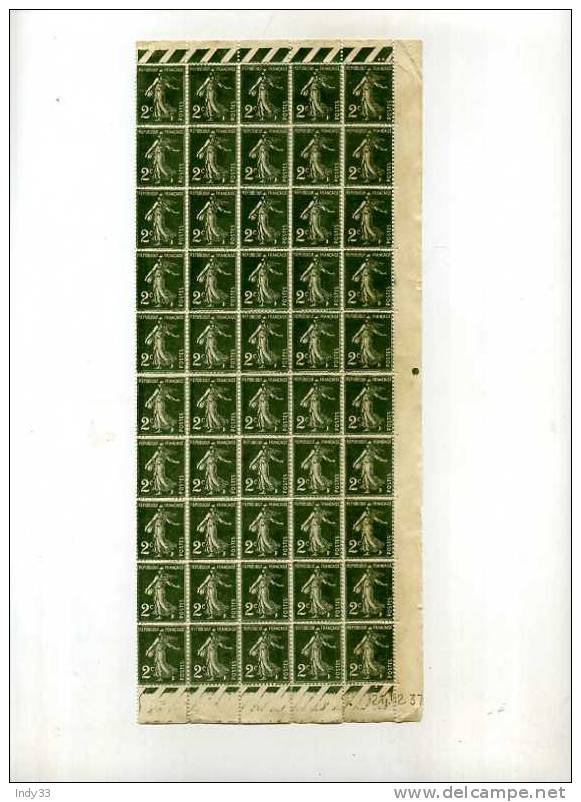 - FRAGMENT DE FEUILLE DE 100 TIMBRES . 2c SEMEUSE VERT FOND PLEIN . N°278 Y&T . DATEE 21.2.37 - Feuilles Complètes