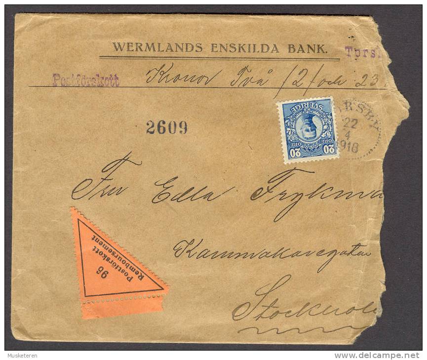 Sweden Wermlands Enskilda Bank Torsby Cash On Delivery Cover 1916 Postförskott Label 95 King Gustav V 20 öre Blue - Lettres & Documents