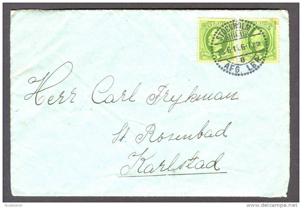 Sweden King Oscar II Pair Of 5 öre On Deluxe Cancelled Stockholm Afg. Lbr. 1911 Cover To Karlstad - Covers & Documents