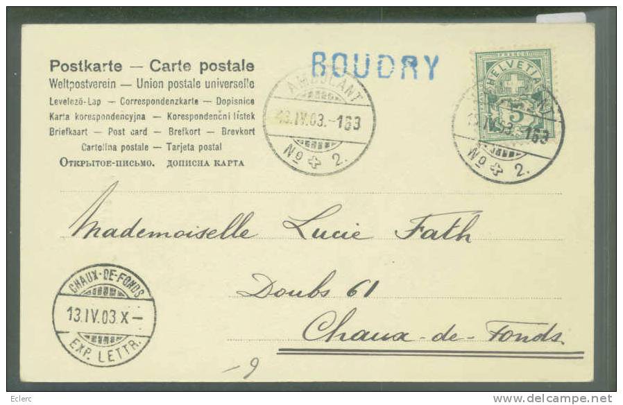 AU DOS : CACHET LINEAIRE BOUDRY EN BLEU - JOYEUSES PAQUES - LAPIN -  TB - Boudry