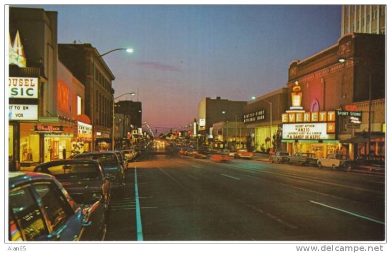 Everett WA Chrome Street Scene, Everett Theater Business Signs Stores Colby Avenue 1960s Postcard - Andere & Zonder Classificatie