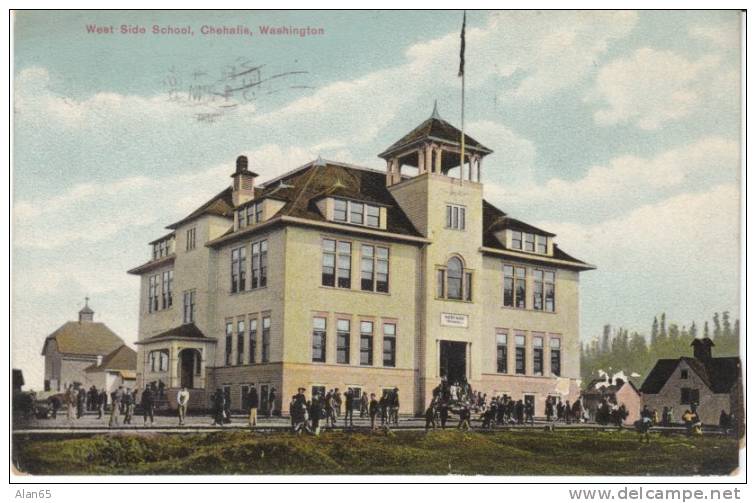 Chehalis WA West Side School, Children Playing On 1909 Postcard, Flag Cancel Postmark - Autres & Non Classés