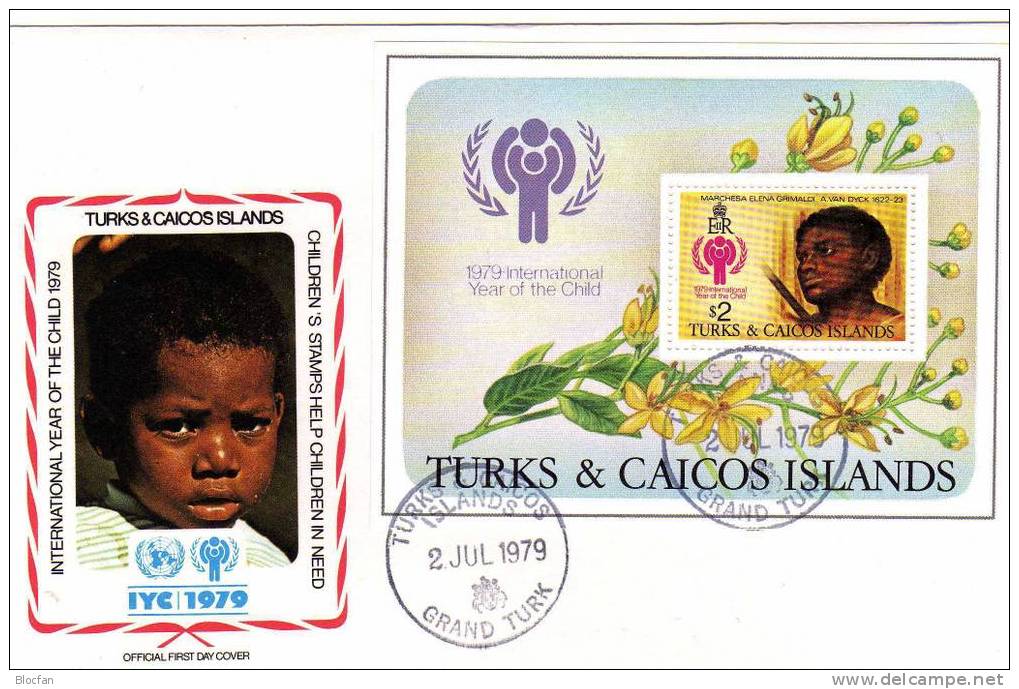 UNO Jahr Des Kindes Gemälde Mit Kindern Turks Caicos 431/4 + Bl. 15 FDC 10€ - Turks And Caicos